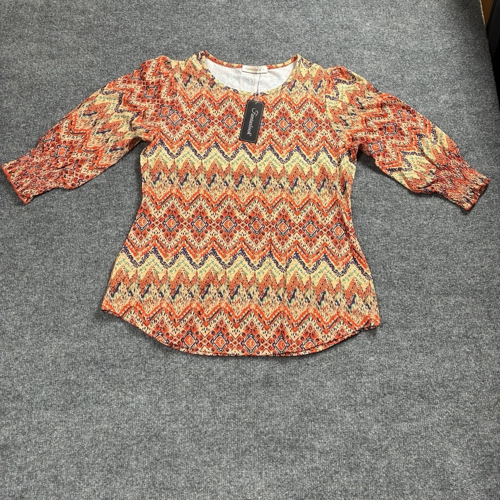 Fantaslook Aztec Chevron Print‎ Top Smocked Cuff 3/4 Sleeve Blouse NWT Sz S